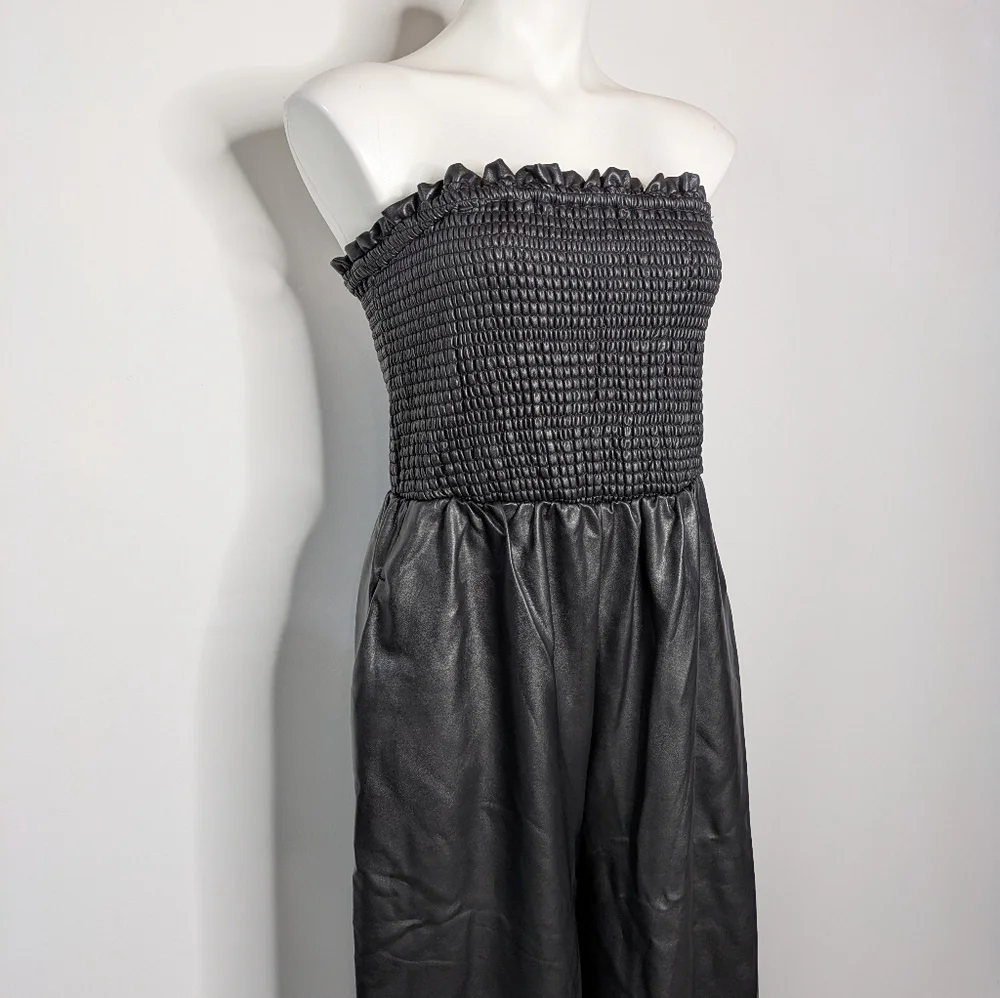 NWT Anthro Black Faux Leather Smocked Balloon Pant Jumpsuit M - Picture 5 of 13